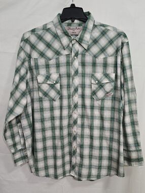 Wrangler Wrancher Mens 3X Green Plaid Pearl Snap-Up Shirt w/ Chest Pockets.